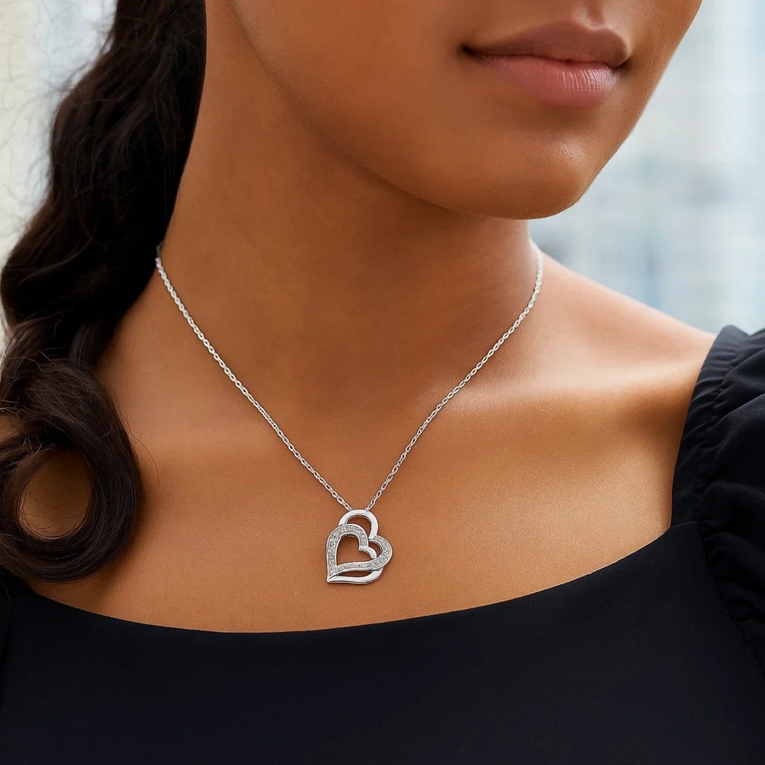 Sterling Silver Dual Heart Motif Pendant with Diamonds (.06 cttw) 4