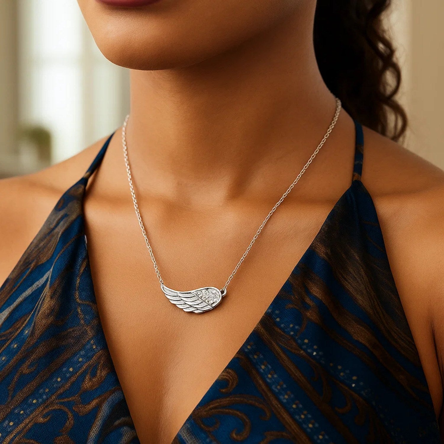 Sterling Silver Textured Angel Wing Necklace 3